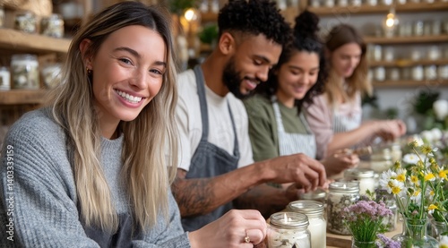 A group of happy young people in the studio are making scented candles with floral and natural ingredients, surrounded by glass jars filled with various hues of burning white wax candles