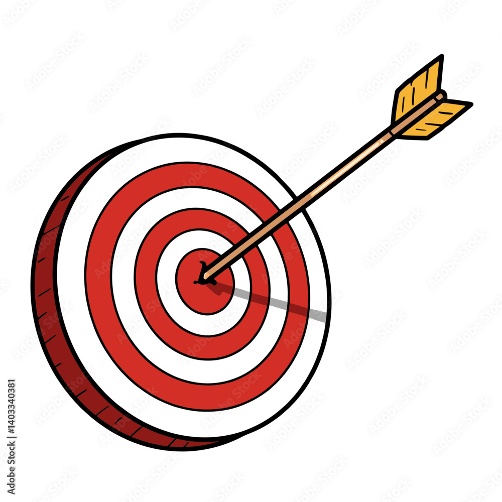 Red and white target with arrow in center, concept for business strategy, goal achievement, and success Red and white target with arrow in center, concept for business strategy, goal achievement, and success