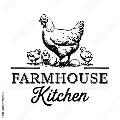 Farmhouse Kitchen Black and White Vector Graphic Featuring a Hen, Chicks, and Eggs
