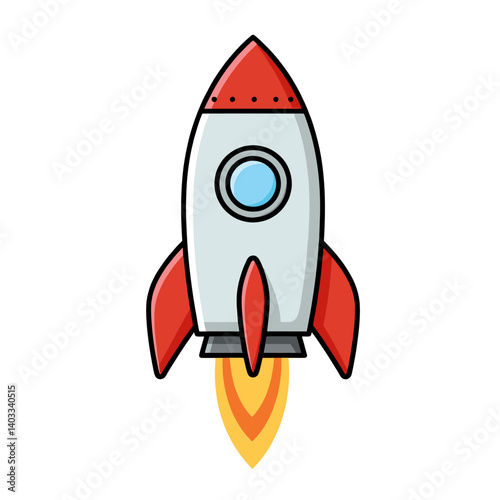 A cartoon illustration of a red and white rocket ship launching into space, concept for startup business, website design, and app icon