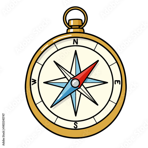 A detailed illustration of a vintage compass with gold frame and colored needle pointing north, concept for navigation, travel, adventure, and exploration