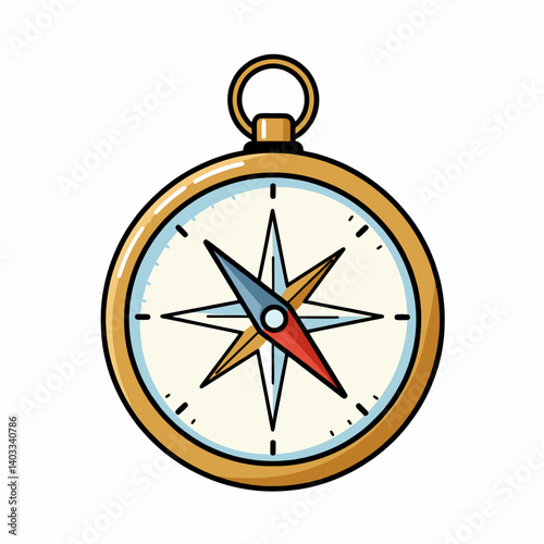 A detailed illustration of a vintage compass with a gold frame and colored needle, concept for navigation, travel, adventure, and direction finding.