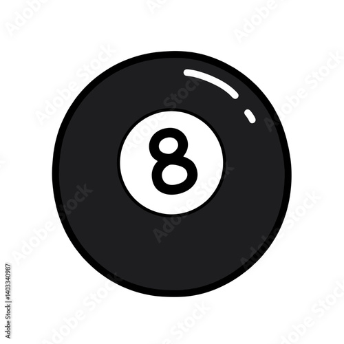 Black eight ball billiard icon with white number eight inside, a concept for game design, sports app, and pool hall branding