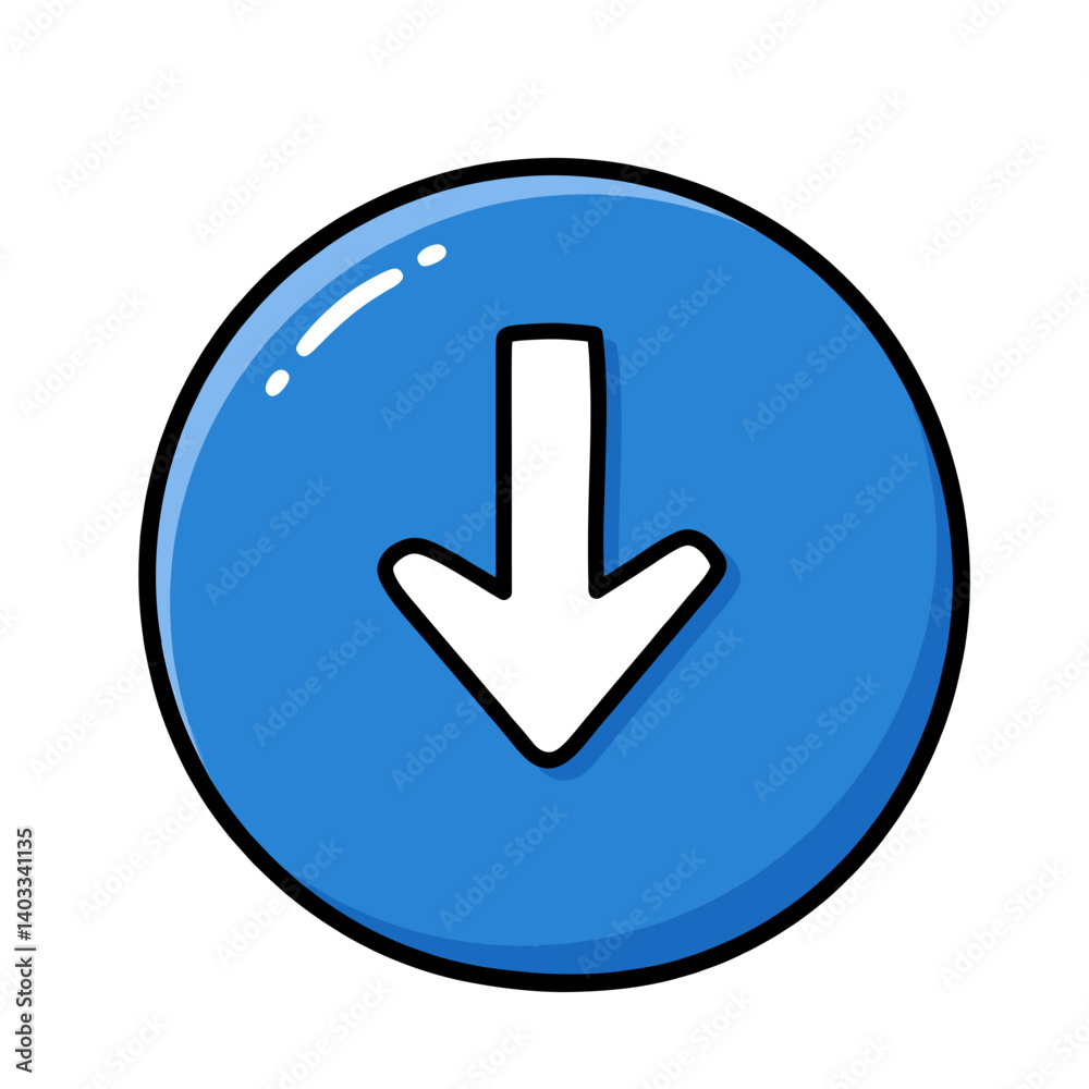 A simple white arrow pointing down inside a blue circle, concept for website design, application interface, and user experience