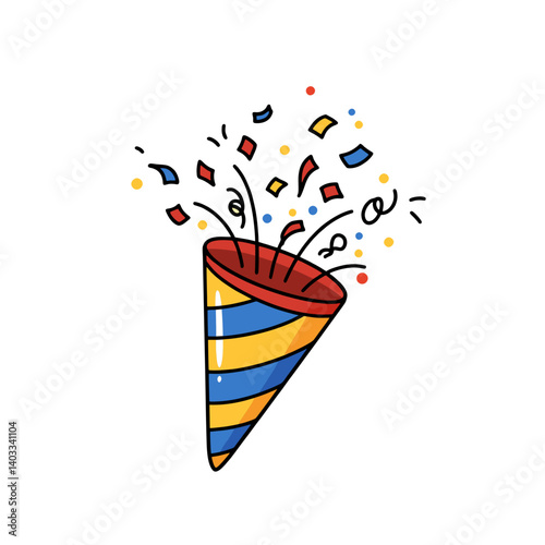 Striped party popper with colorful confetti exploding, concept for celebration, birthday, anniversary, and festive events
