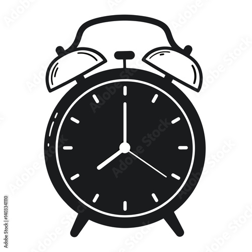 Simple black and white alarm clock illustration, concept for time management, schedule, and daily routine applications