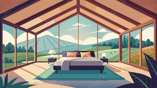 A serene master bedroom with a vaulted ceiling exposed beams and large windows showcasing the beautiful view of the countryside.