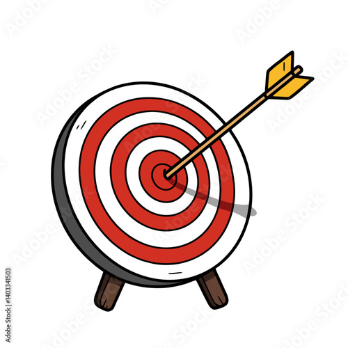 Cartoon illustration of archery target with arrow hitting the bullseye, concept for business success, goal achievement, and target marketing strategy