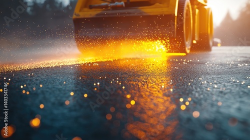 Obraz na płótnie Road maintenance machine at work. Close-up view of a road sweeper in action, with sparks and hot asphalt w salonie