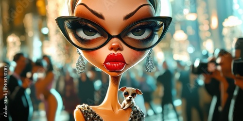 Glamorous Woman with Dog and Paparazzi, Stylized Illustration