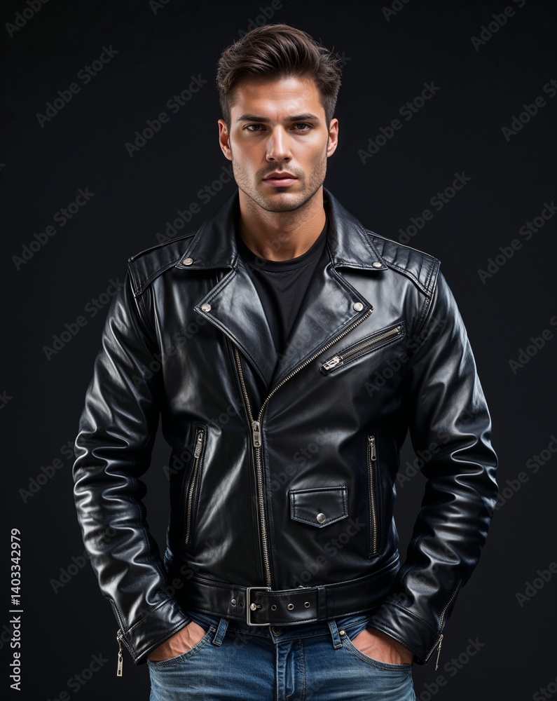 Fototapeta premium man in black leather jacket and jeans portrait view on plain black background