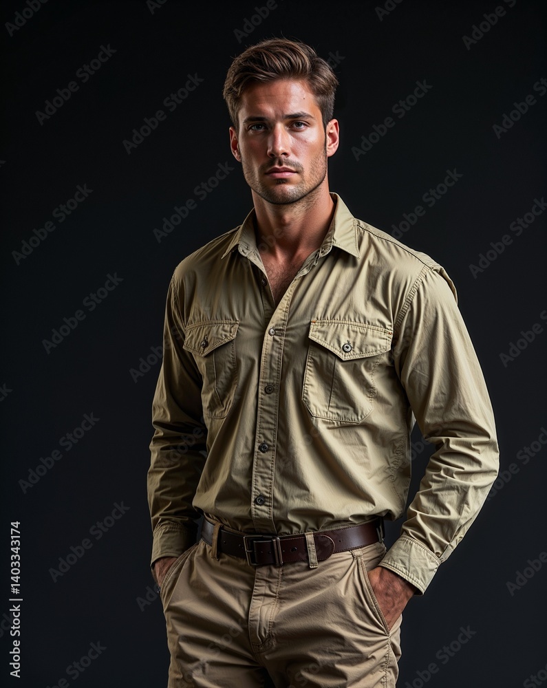 custom made wallpaper toronto digitalman in safari shirt and khakis portrait view on plain black background
