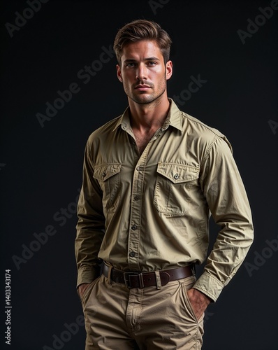 Wallpaper Mural man in safari shirt and khakis portrait view on plain black background Torontodigital.ca