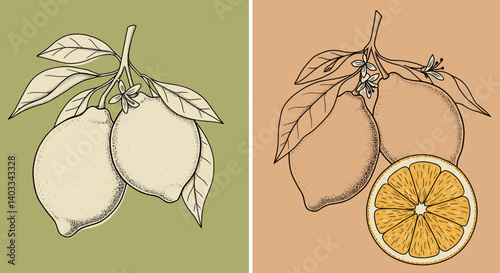 Lemon Sketches: A pair of elegant sketches that bring a hint of fresh zest to your design. It features a branch of lemons on a green and sepia background.