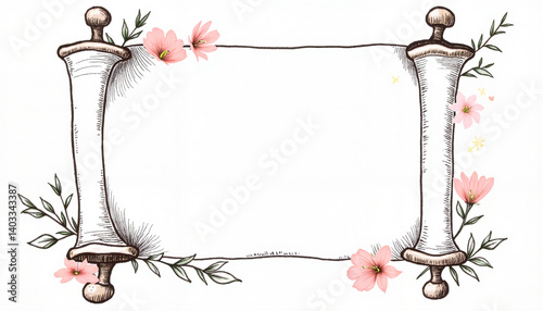 Elegant hand-drawn wedding invitation scroll with floral accents, romance
