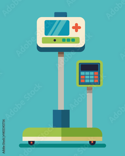 Solarpowered exam room scales accurately measure patients weight allowing for more precise medication dosages and health tracking.. Vector illustration