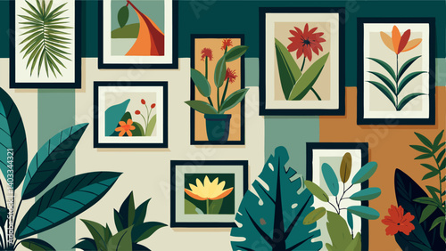 A wall covered in framed botanical prints showcasing a variety of tropical plants and flowers.
