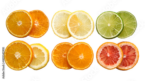 Flat Lay of Fresh Citrus Fruits (Orange, Lemon, Lime) on White Surface