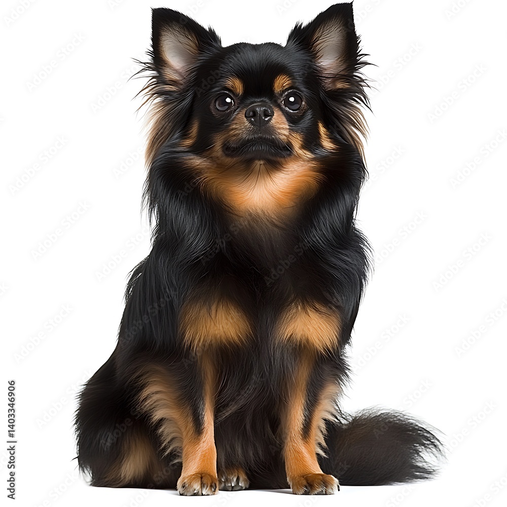 A beautiful small longhaired dog sitting and looking directly A beautiful small longhaired dog sitting and looking directly