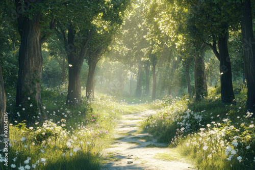 A sunlit forest path with dappled light and wildflowers leading to a warm and welcoming clearing in nature