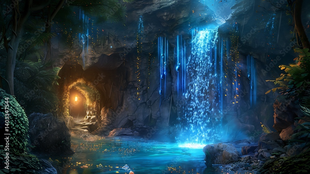 A magical hidden cave with a glowing waterfall flowing into a secret lagoon A magical hidden cave with a glowing waterfall flowing into a secret lagoon