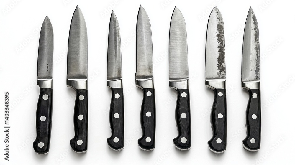 A row of knives with a white background A row of knives with a white background