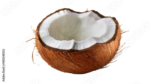 Isolated Coconut Half with White Flesh and Hard Shell.