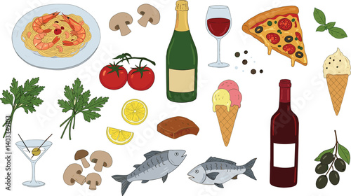 Collection hand drawn italian food. Summer vacation aesthetic. 