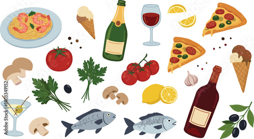 Collection hand drawn italian food. Summer vacation aesthetic. 