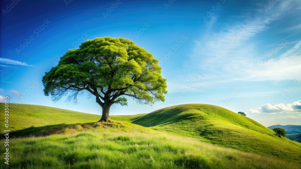 Fototapeta premium Surreal Lone Tree Hilltop Landscape - Dramatic Erosion & Lush Greenery