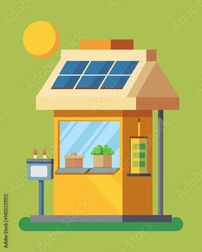 In a small town a solarpowered vending kiosk is the only source of refreshment for miles providing convenience to locals and tourists while promoting sustainable energy usage.. Vector illustration