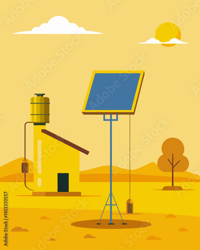 On the dusty plains of a rural area a bright yellow solar panel stands tall against the horizon powering the communitys water heaters and providing hot water for all.. Vector illustration