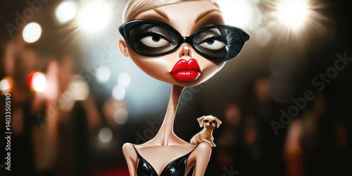 Stylized Caricature of Woman in Black Dress with Dog, Bright Lighting and Blurred Crowd Background