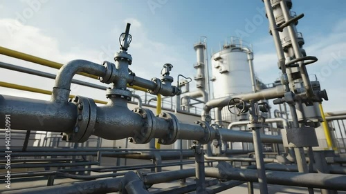 Industrial Refinery Pipes and Valves under a Blue Sky