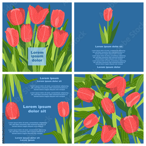 A graphic template consisting of 4 rectangular botanical illustrations with various colorful tulips with green leaves on a violet background. Perfect for creating postcards, invitations, and brochures