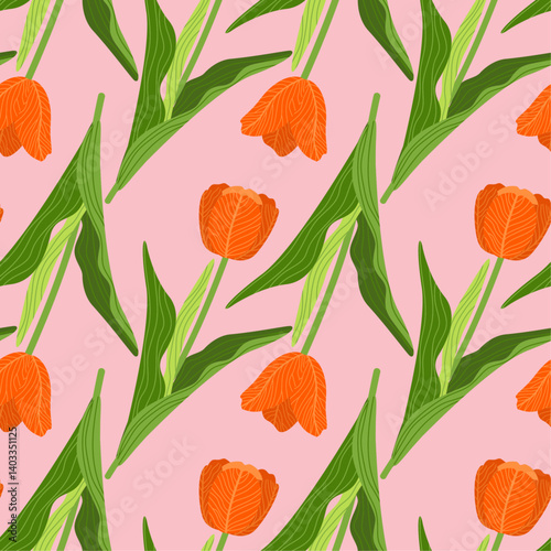 A floral seamless pattern featuring various colorful tulips with green leaves on a pink background. Geometric background pattern. Botanical design for print, wallpaper, textile, and wrapping paper.