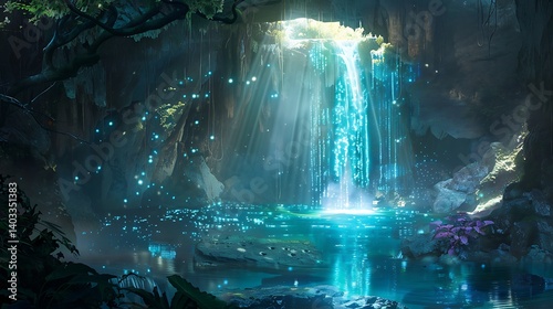 A magical hidden cave with a glowing waterfall flowing into a secret lagoon