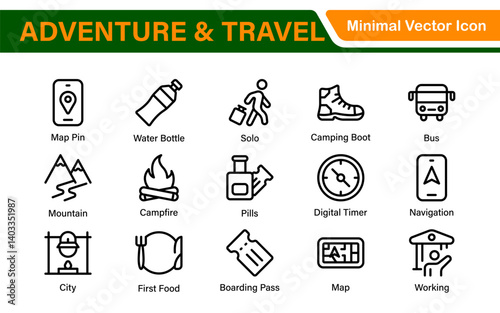 Adventure Icon Set. An exciting collection of icons that captures the spirit of exploration, perfect for travel apps, outdoor websites, and promotional materials for adventure and thrill-seeking.