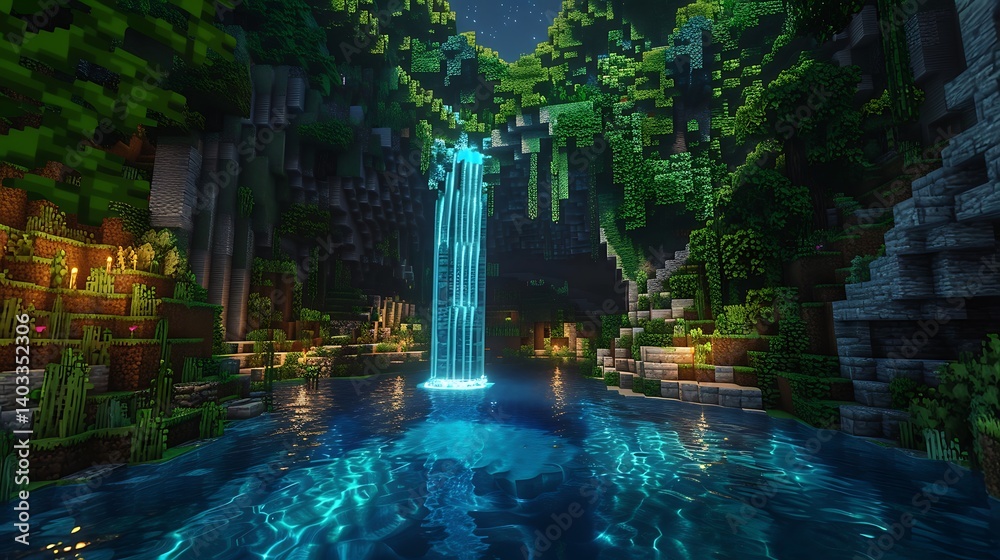 Obraz premium A magical hidden cave with a glowing waterfall flowing into a secret lagoon