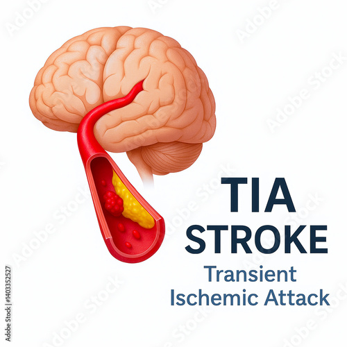 TIA stroke illustration showing brain with blocked artery