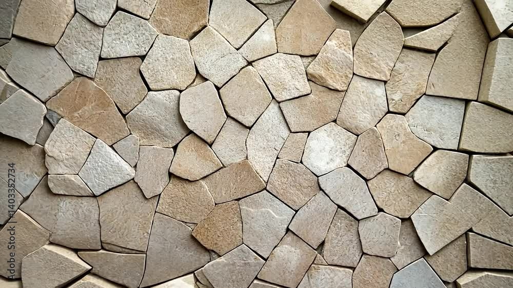 Close-up view of a textured stone wall with irregular shapes and colors, showcasing natural patterns