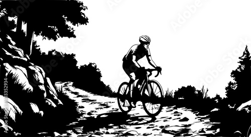 Cyclist focused riding bike on gravel path through mountainous landscape illustration