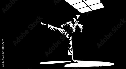  Karate man focused executing high side kick in dimly lit dojo