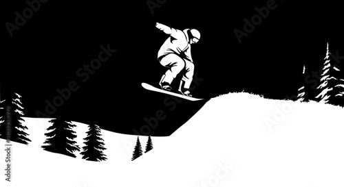  Snowboarder dynamically jumping mid-air against dark night sky illustration