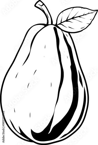 Line Art Illustration Of A Single Guava Fruit With Leaf