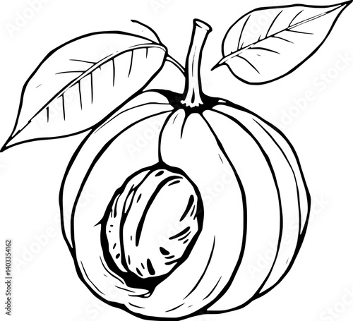 Detailed Line Drawing Of A Nutmeg Fruit With Leaves