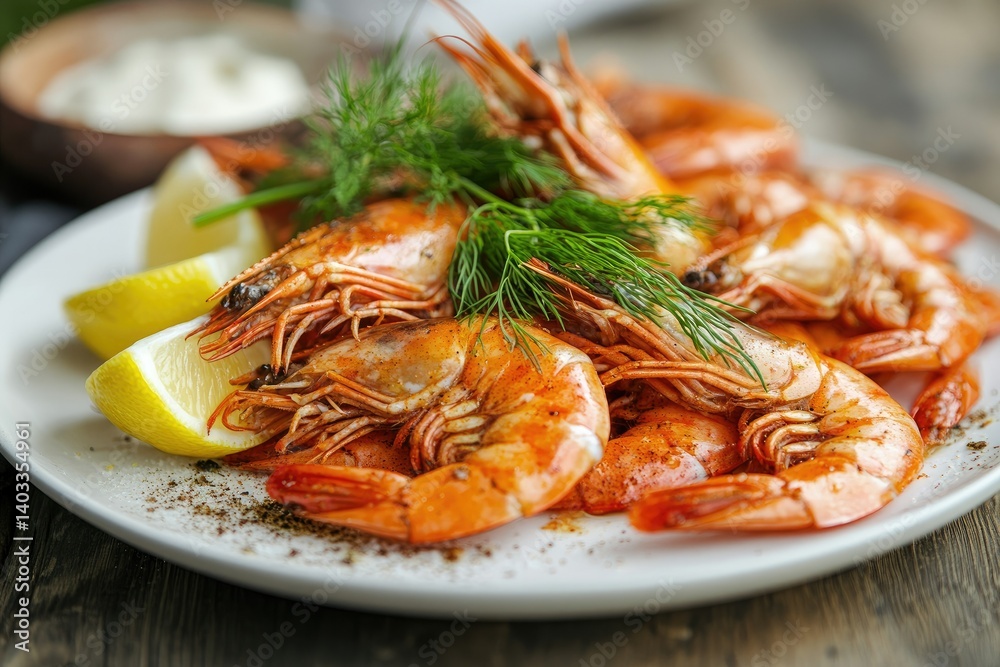 A high-resolution professional food photograph of a large serving of unpeeled king prawns with heads on A high-resolution professional food photograph of a large serving of unpeeled king prawns with heads on