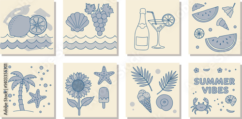 Hand drawn summer poster set. Dolce vita concept. Modern prints with palm tree, sun, fruits, seashells,