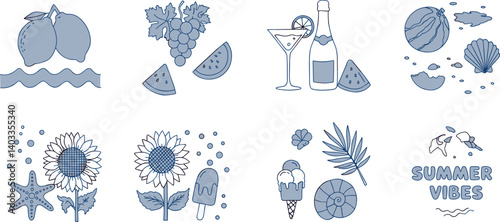 Hand drawn summer poster set. Dolce vita concept. Modern prints with palm tree, sun, fruits, seashells,