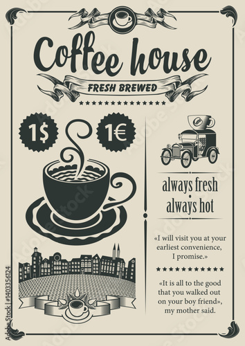 Vector menu for a coffee house, cafe or restaurant and set of design elements with handwritten inscriptions, a cup of coffee, old city and vintage car in retro style. Drawing chalk on the blackboard.